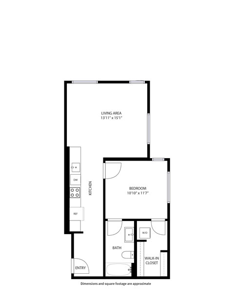 A floor plan of a living area with a bedroom and bathroom.